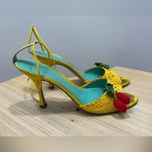 BCBGMaxazria sandals yellow color with a red crocheted cherry. Size 37.5
